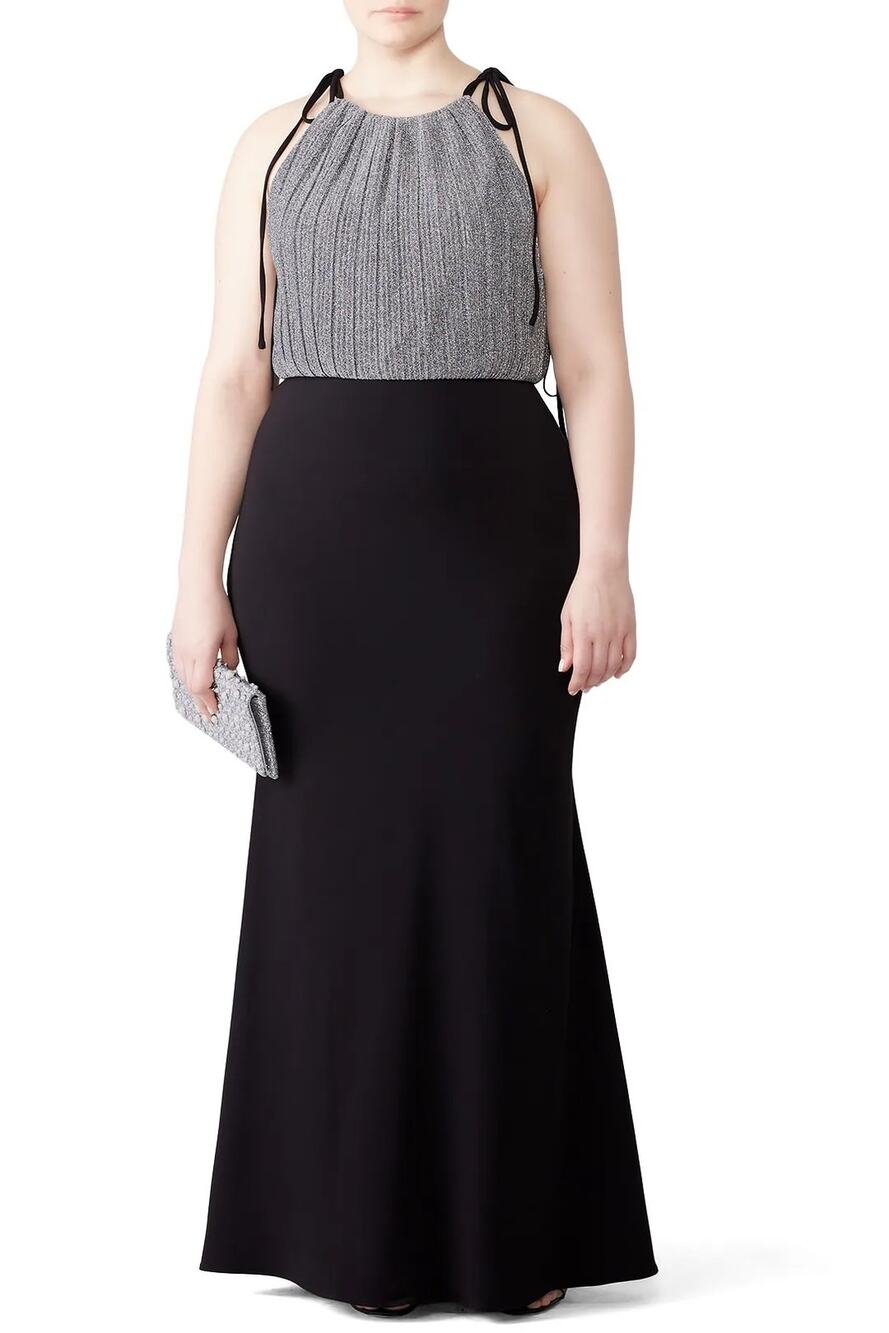 BADGLEY MISCHKA Metallic Maxi Gown Dress Black Silver 20